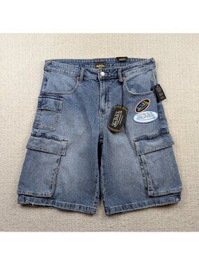 Y2K Von Dutch Originals Cargo Baggy Shorts Patch Denim Jeans Skater Sz 29/9 NWT